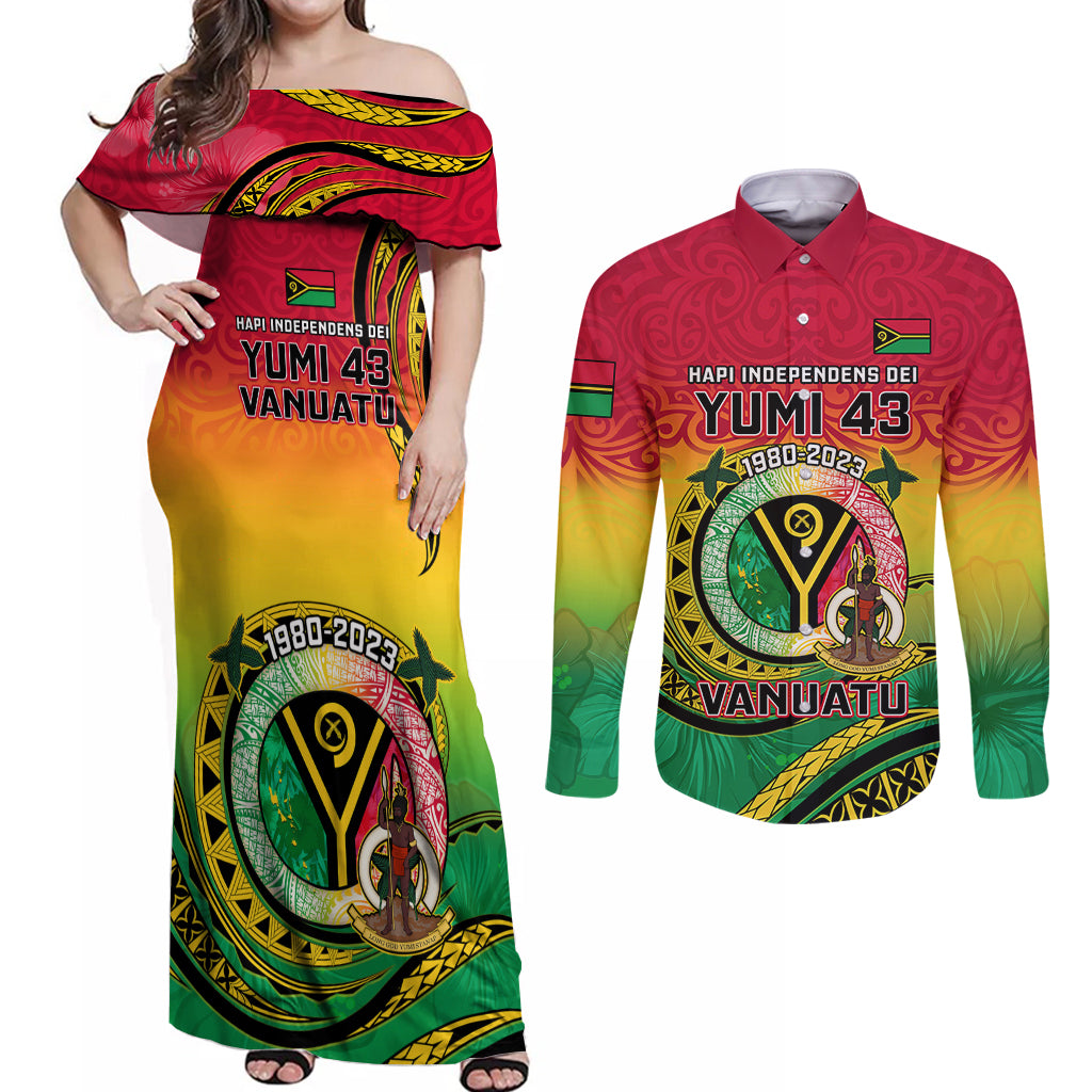Personalised Vanuatu Couples Matching Off Shoulder Maxi Dress and Long Sleeve Button Shirts Yumi 43 Hapi Independens Dei - Wonder Print Shop