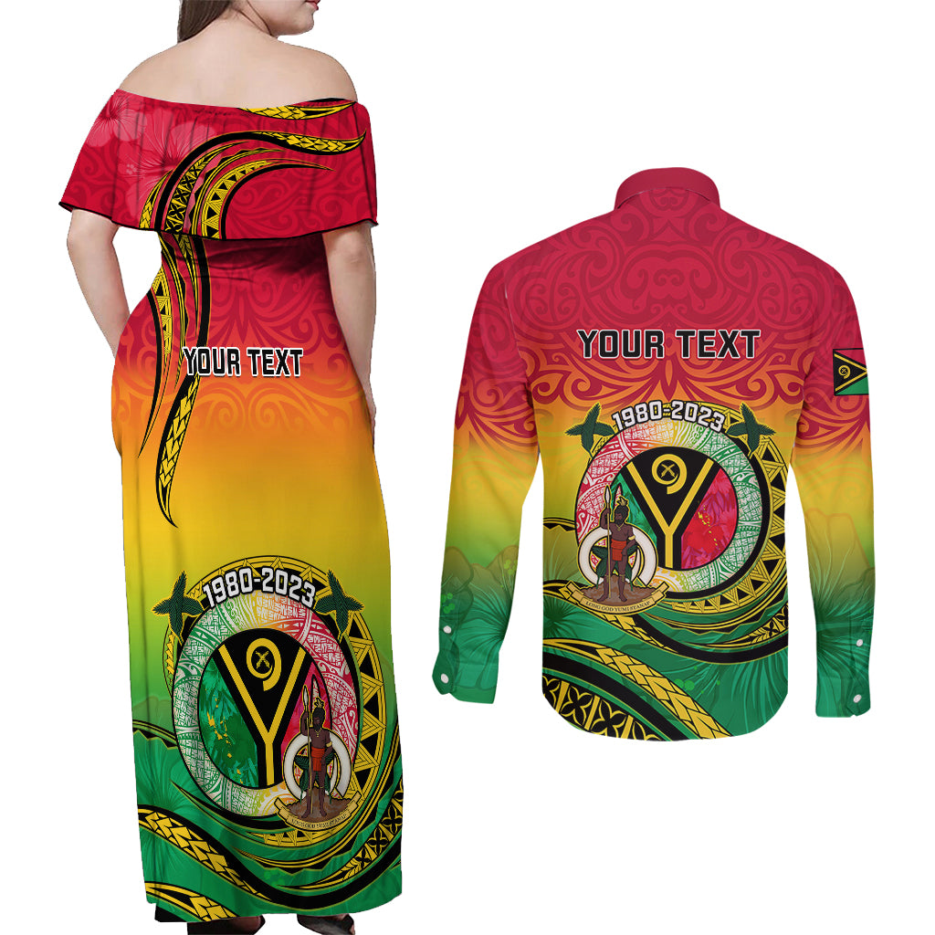 Personalised Vanuatu Couples Matching Off Shoulder Maxi Dress and Long Sleeve Button Shirts Yumi 43 Hapi Independens Dei - Wonder Print Shop