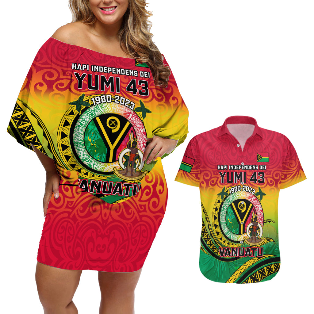 Personalised Vanuatu Couples Matching Off Shoulder Short Dress and Hawaiian Shirt Yumi 43 Hapi Independens Dei - Wonder Print Shop