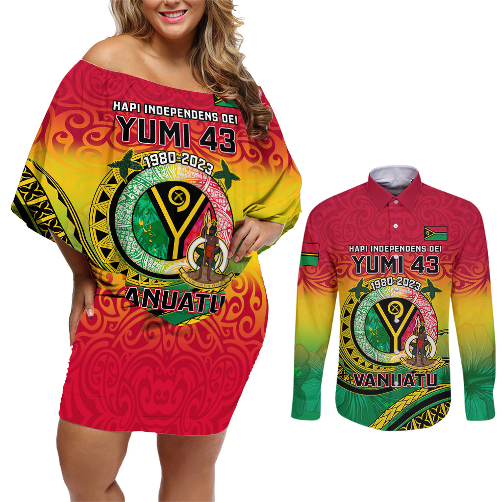 Personalised Vanuatu Couples Matching Off Shoulder Short Dress and Long Sleeve Button Shirts Yumi 43 Hapi Independens Dei - Wonder Print Shop