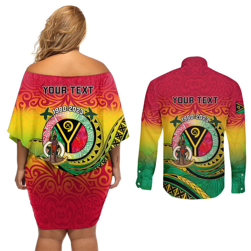Personalised Vanuatu Couples Matching Off Shoulder Short Dress and Long Sleeve Button Shirts Yumi 43 Hapi Independens Dei - Wonder Print Shop