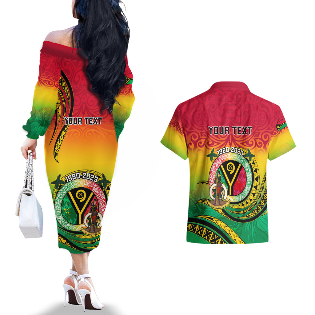 Personalised Vanuatu Couples Matching Off The Shoulder Long Sleeve Dress and Hawaiian Shirt Yumi 43 Hapi Independens Dei - Wonder Print Shop