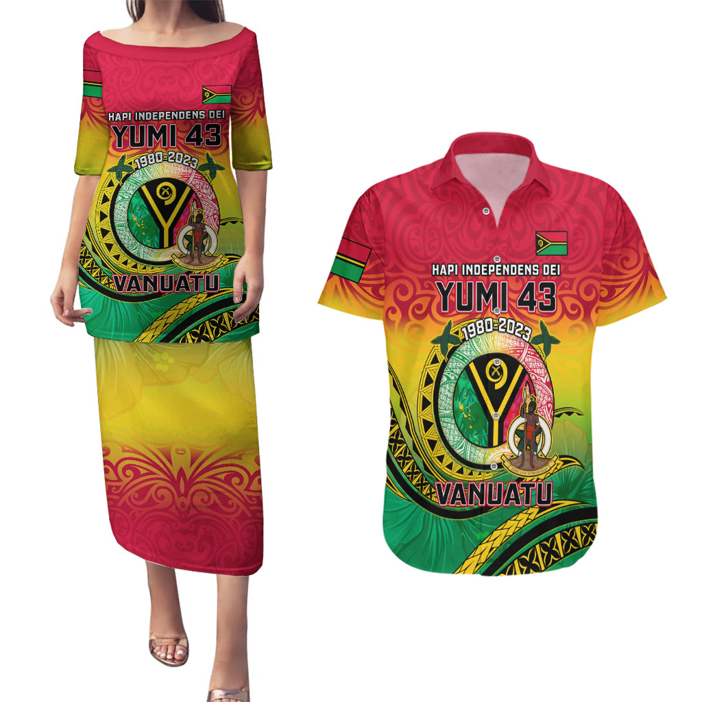 Personalised Vanuatu Couples Matching Puletasi Dress and Hawaiian Shirt Yumi 43 Hapi Independens Dei - Wonder Print Shop