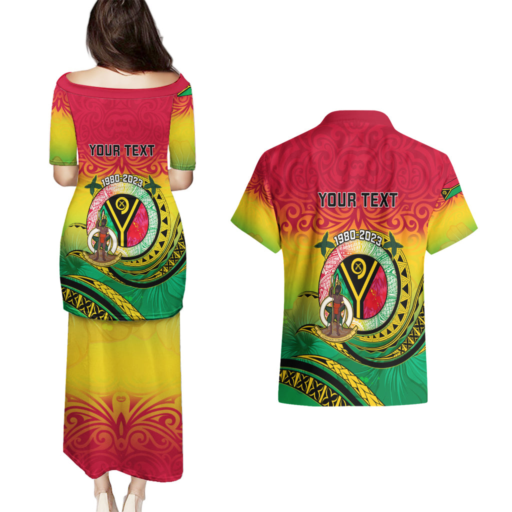 Personalised Vanuatu Couples Matching Puletasi Dress and Hawaiian Shirt Yumi 43 Hapi Independens Dei - Wonder Print Shop