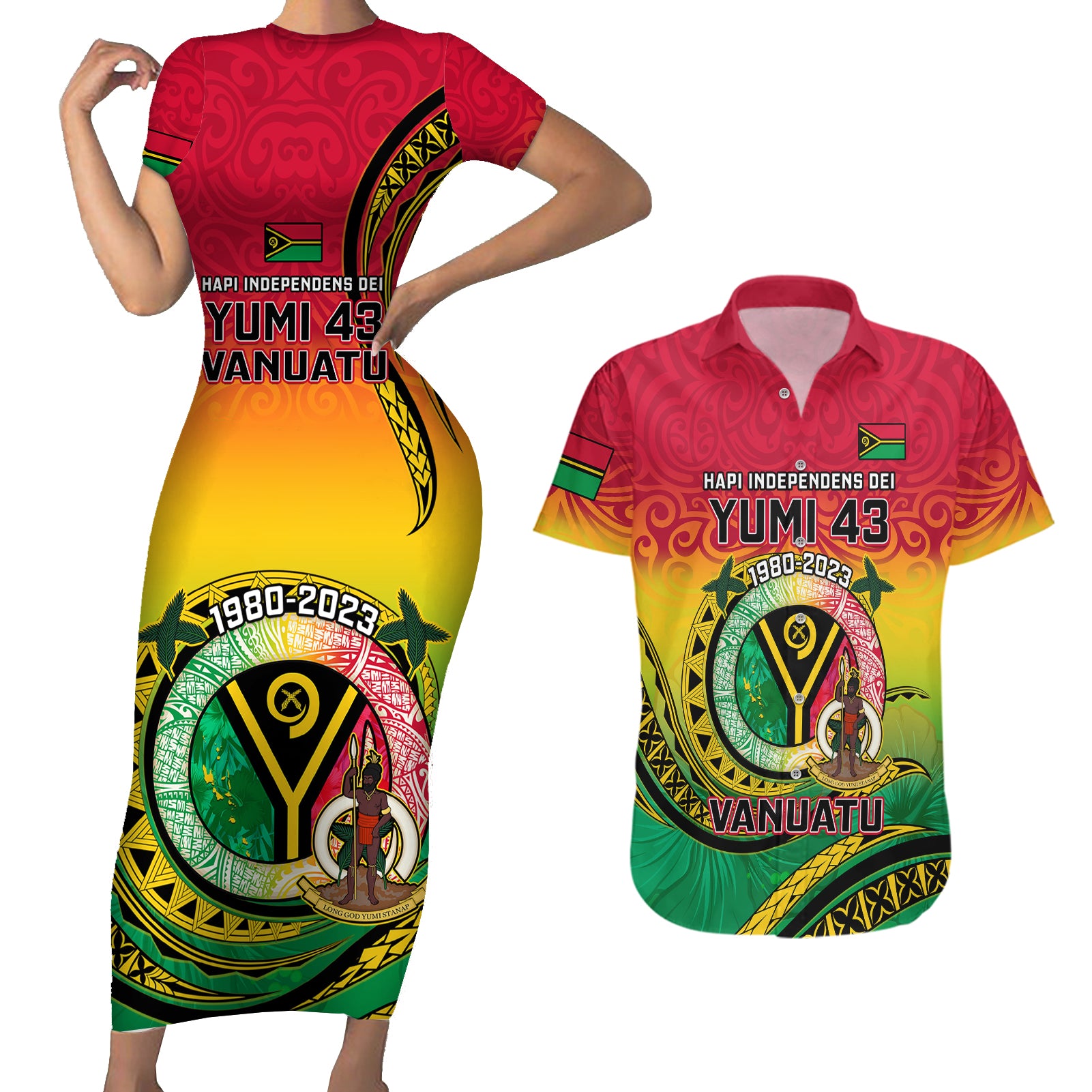 Personalised Vanuatu Couples Matching Short Sleeve Bodycon Dress and Hawaiian Shirt Yumi 43 Hapi Independens Dei - Wonder Print Shop
