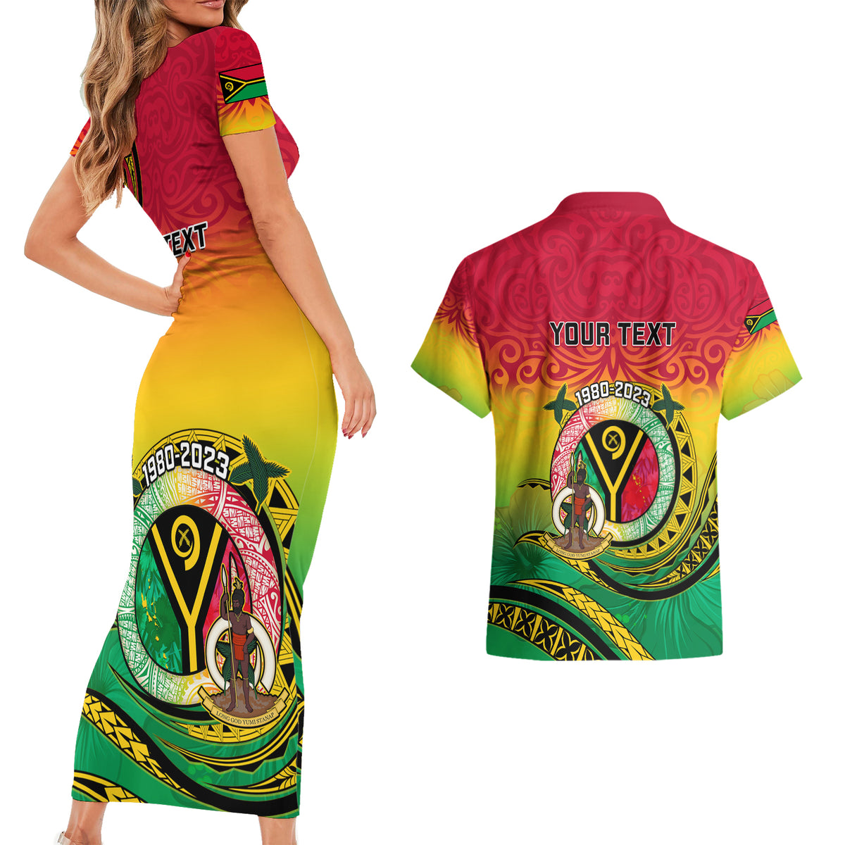 Personalised Vanuatu Couples Matching Short Sleeve Bodycon Dress and Hawaiian Shirt Yumi 43 Hapi Independens Dei - Wonder Print Shop