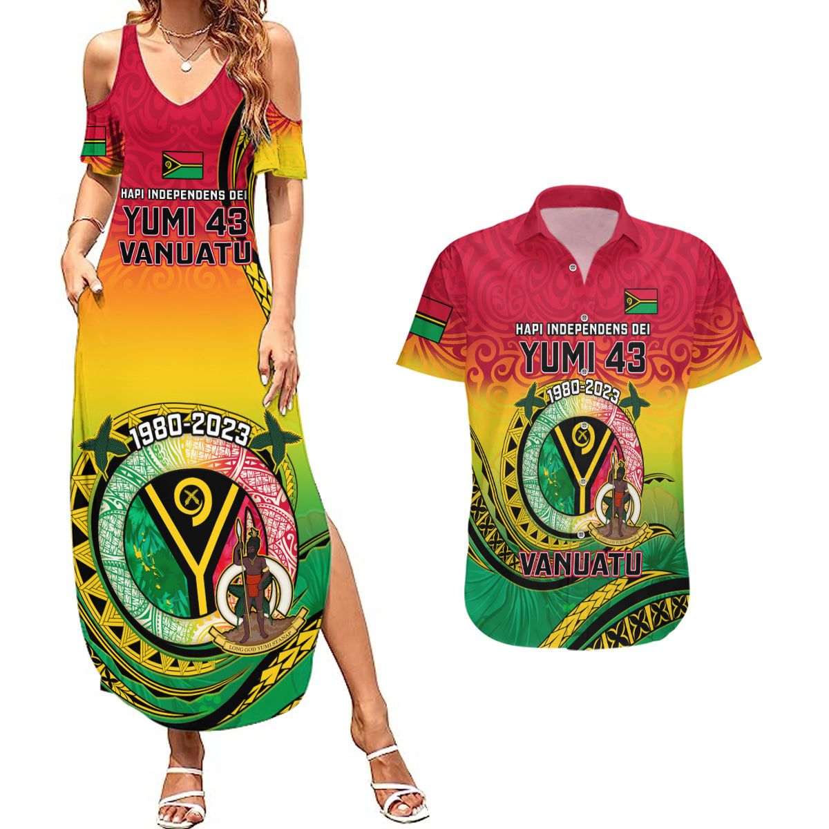 Personalised Vanuatu Couples Matching Summer Maxi Dress and Hawaiian Shirt Yumi 43 Hapi Independens Dei - Wonder Print Shop