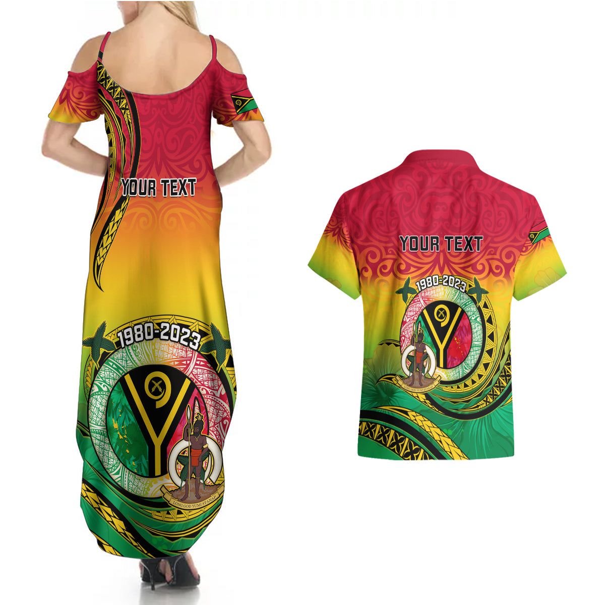 Personalised Vanuatu Couples Matching Summer Maxi Dress and Hawaiian Shirt Yumi 43 Hapi Independens Dei - Wonder Print Shop