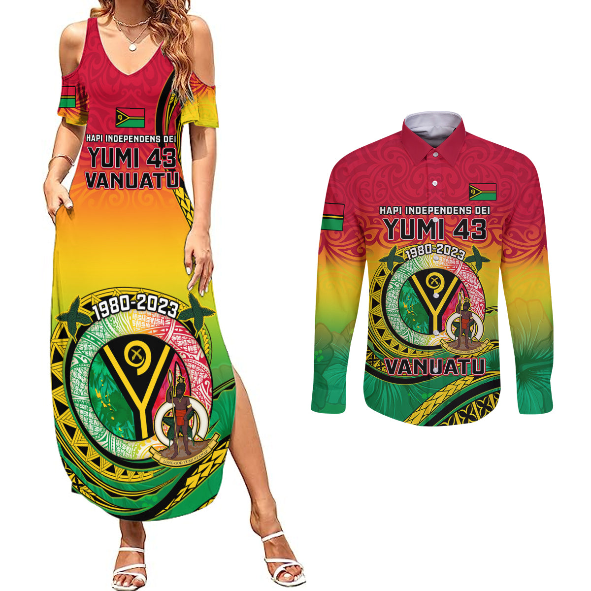 Personalised Vanuatu Couples Matching Summer Maxi Dress and Long Sleeve Button Shirts Yumi 43 Hapi Independens Dei - Wonder Print Shop