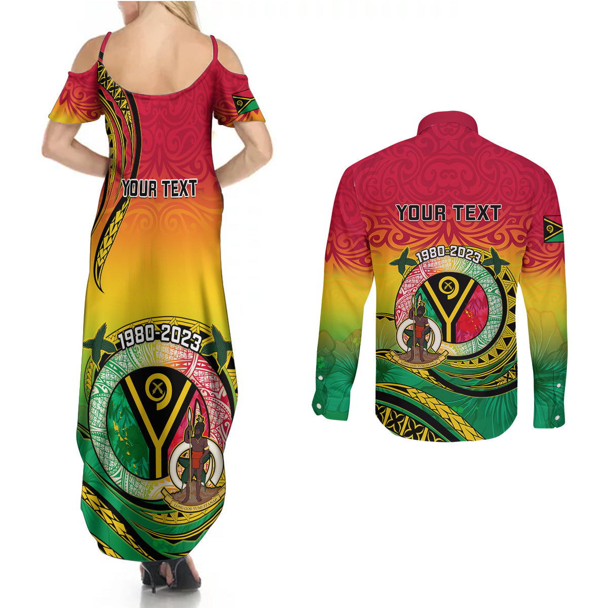 Personalised Vanuatu Couples Matching Summer Maxi Dress and Long Sleeve Button Shirts Yumi 43 Hapi Independens Dei - Wonder Print Shop