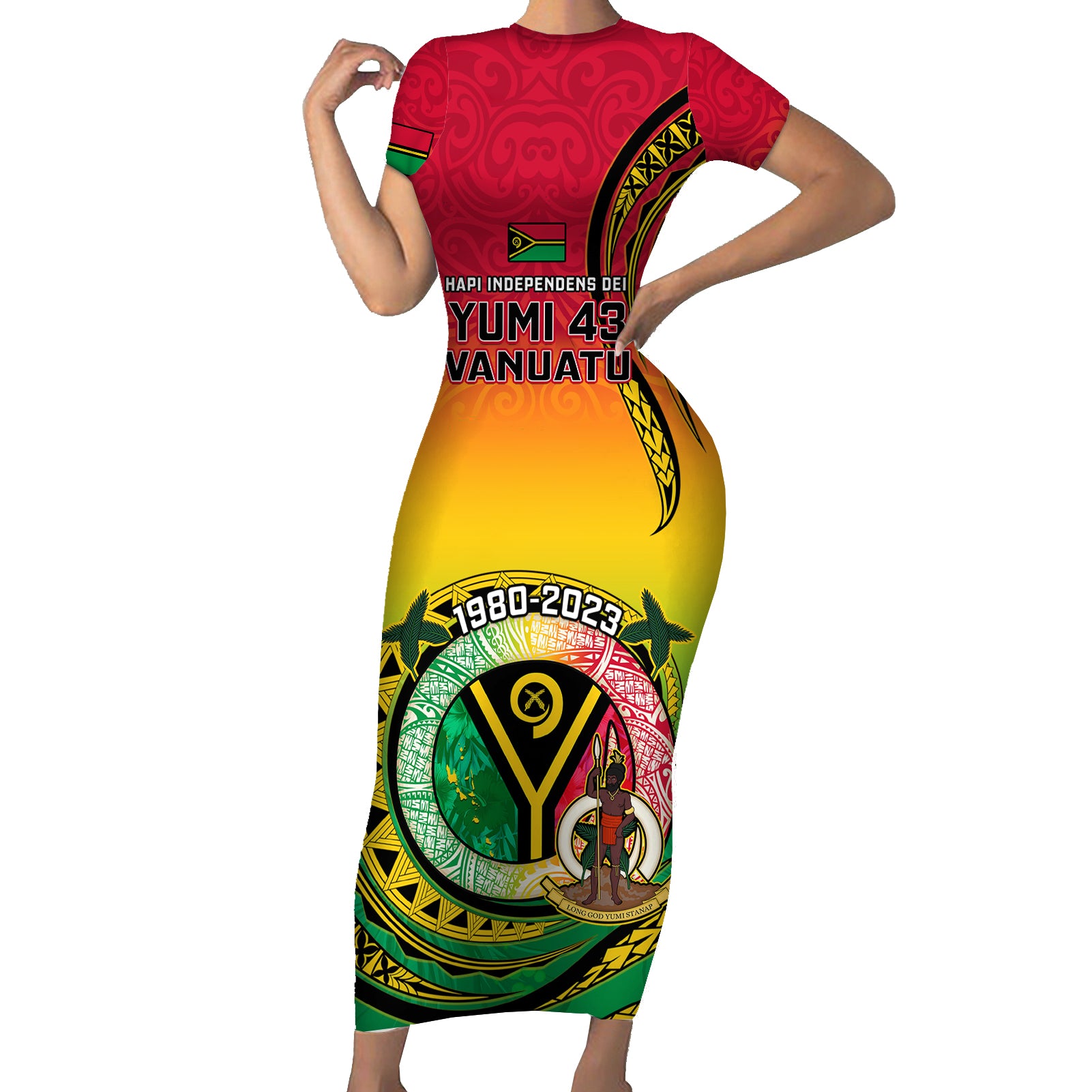 Personalised Vanuatu Short Sleeve Bodycon Dress Yumi 43 Hapi Independens Dei - Wonder Print Shop