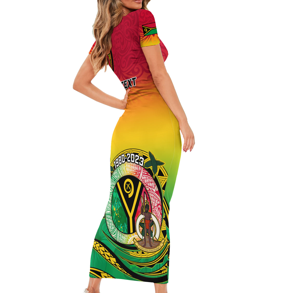 Personalised Vanuatu Short Sleeve Bodycon Dress Yumi 43 Hapi Independens Dei - Wonder Print Shop
