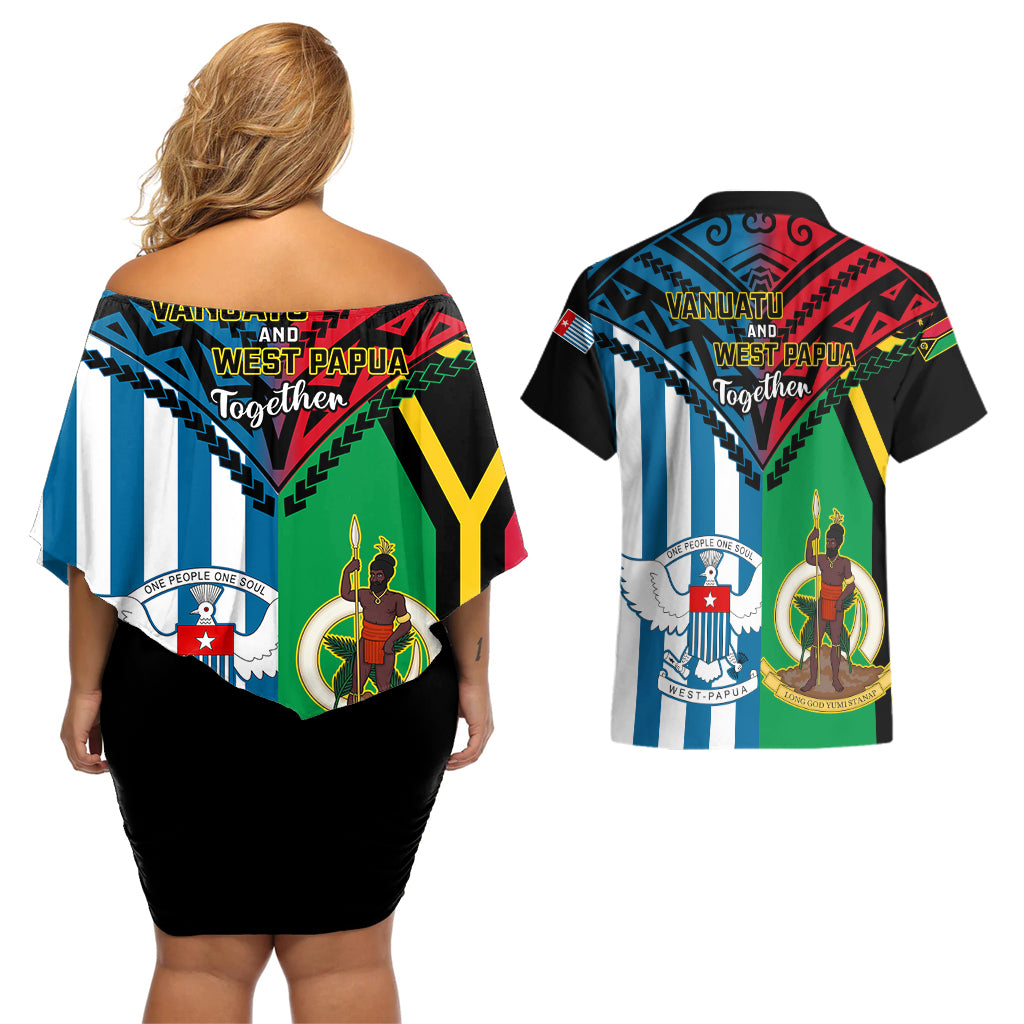Vanuatu And West Papua Couples Matching Off Shoulder Short Dress and Hawaiian Shirt Coat Of Arms Mix Flag Style - Wonder Print Shop