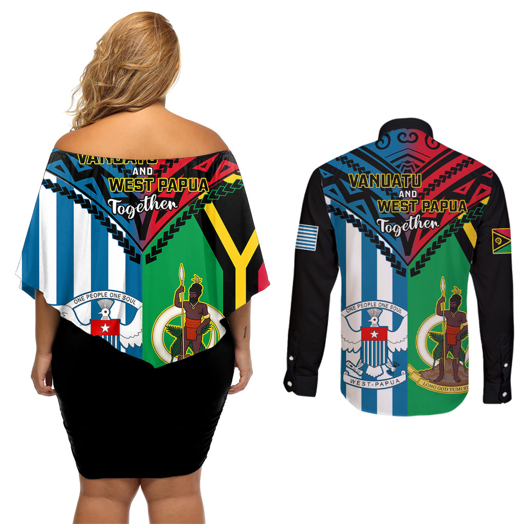 Vanuatu And West Papua Couples Matching Off Shoulder Short Dress and Long Sleeve Button Shirts Coat Of Arms Mix Flag Style - Wonder Print Shop