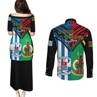 Vanuatu And West Papua Couples Matching Puletasi Dress and Long Sleeve Button Shirts Coat Of Arms Mix Flag Style - Wonder Print Shop