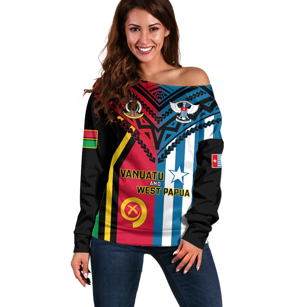 Vanuatu And West Papua Off Shoulder Sweater Coat Of Arms Mix Flag Style - Wonder Print Shop