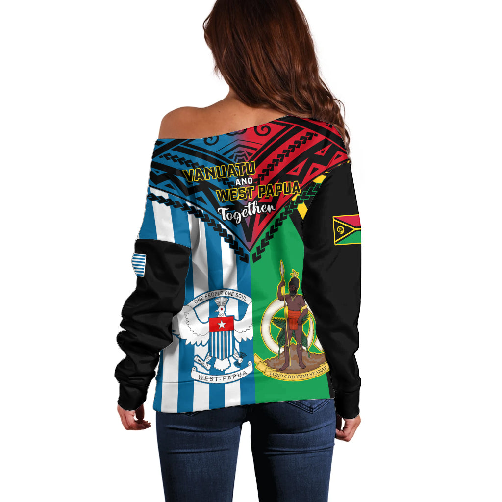 Vanuatu And West Papua Off Shoulder Sweater Coat Of Arms Mix Flag Style - Wonder Print Shop