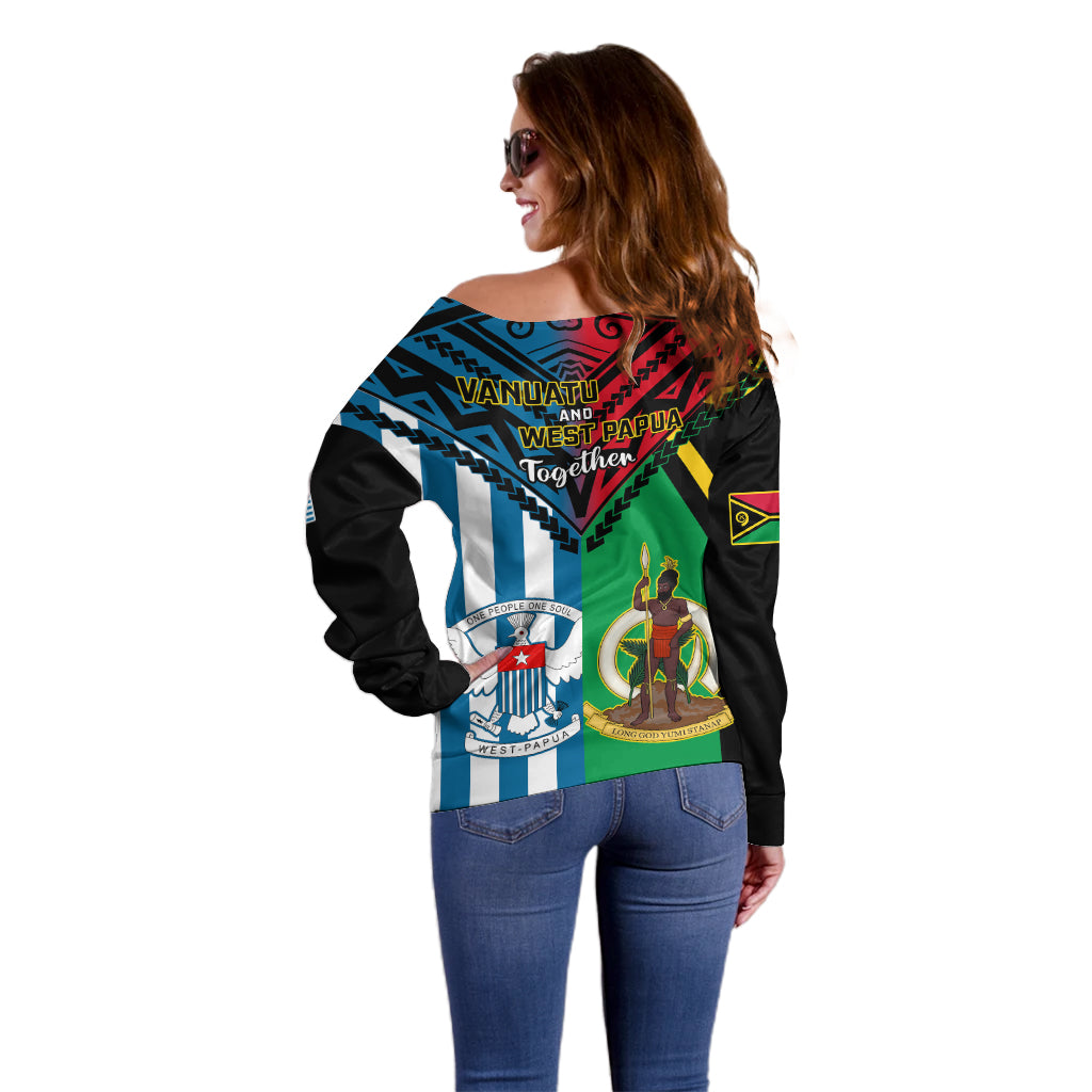 Vanuatu And West Papua Off Shoulder Sweater Coat Of Arms Mix Flag Style - Wonder Print Shop