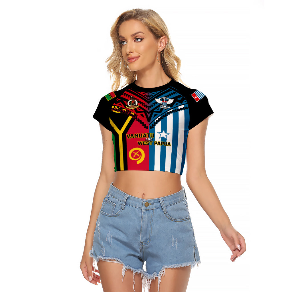Vanuatu And West Papua Raglan Cropped T Shirt Coat Of Arms Mix Flag Style - Wonder Print Shop