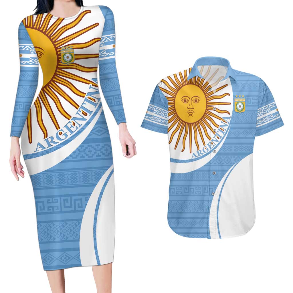 Custom Argentina Football Couples Matching Long Sleeve Bodycon Dress and Hawaiian Shirt Vamos La Albiceleste - Sky Blue Version - Wonder Print Shop