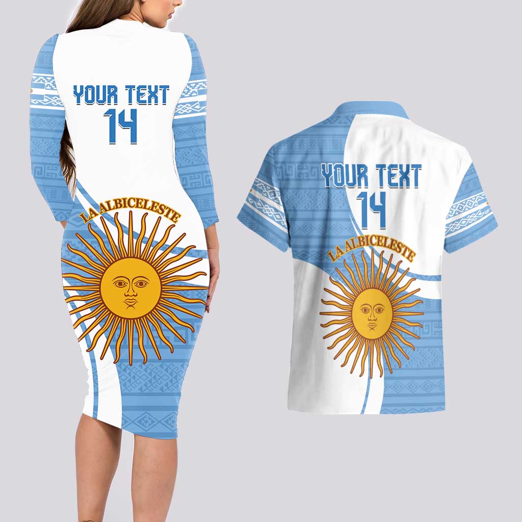 Custom Argentina Football Couples Matching Long Sleeve Bodycon Dress and Hawaiian Shirt Vamos La Albiceleste - Sky Blue Version - Wonder Print Shop