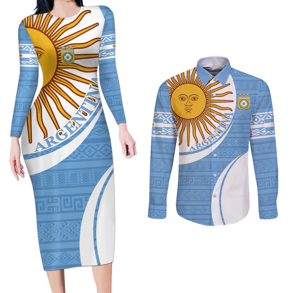 Custom Argentina Football Couples Matching Long Sleeve Bodycon Dress and Long Sleeve Button Shirt Vamos La Albiceleste - Sky Blue Version - Wonder Print Shop