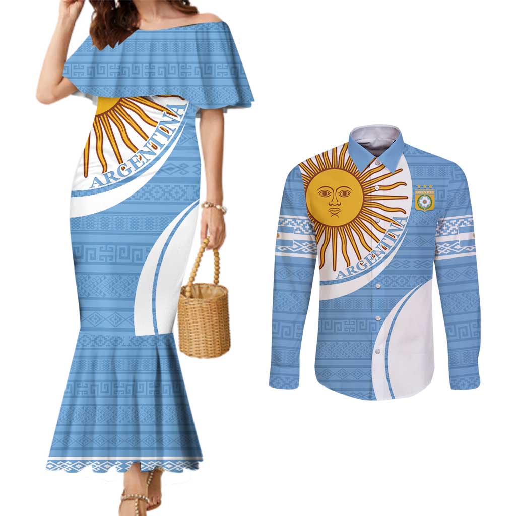 Custom Argentina Football Couples Matching Mermaid Dress and Long Sleeve Button Shirt Vamos La Albiceleste - Sky Blue Version