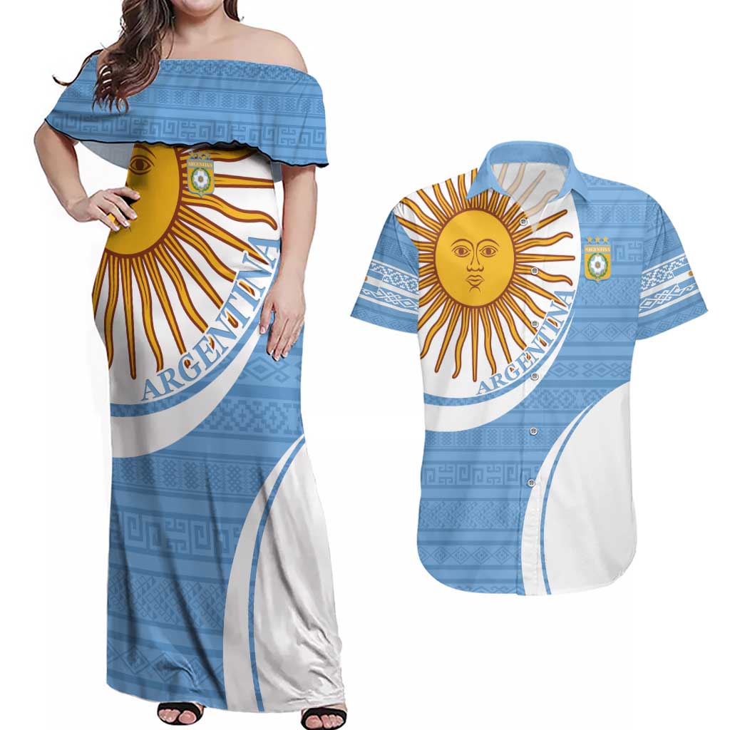 Custom Argentina Football Couples Matching Off Shoulder Maxi Dress and Hawaiian Shirt Vamos La Albiceleste - Sky Blue Version - Wonder Print Shop