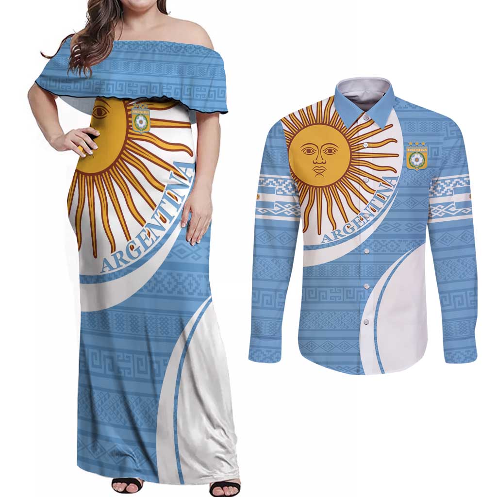 Custom Argentina Football Couples Matching Off Shoulder Maxi Dress and Long Sleeve Button Shirt Vamos La Albiceleste - Sky Blue Version - Wonder Print Shop