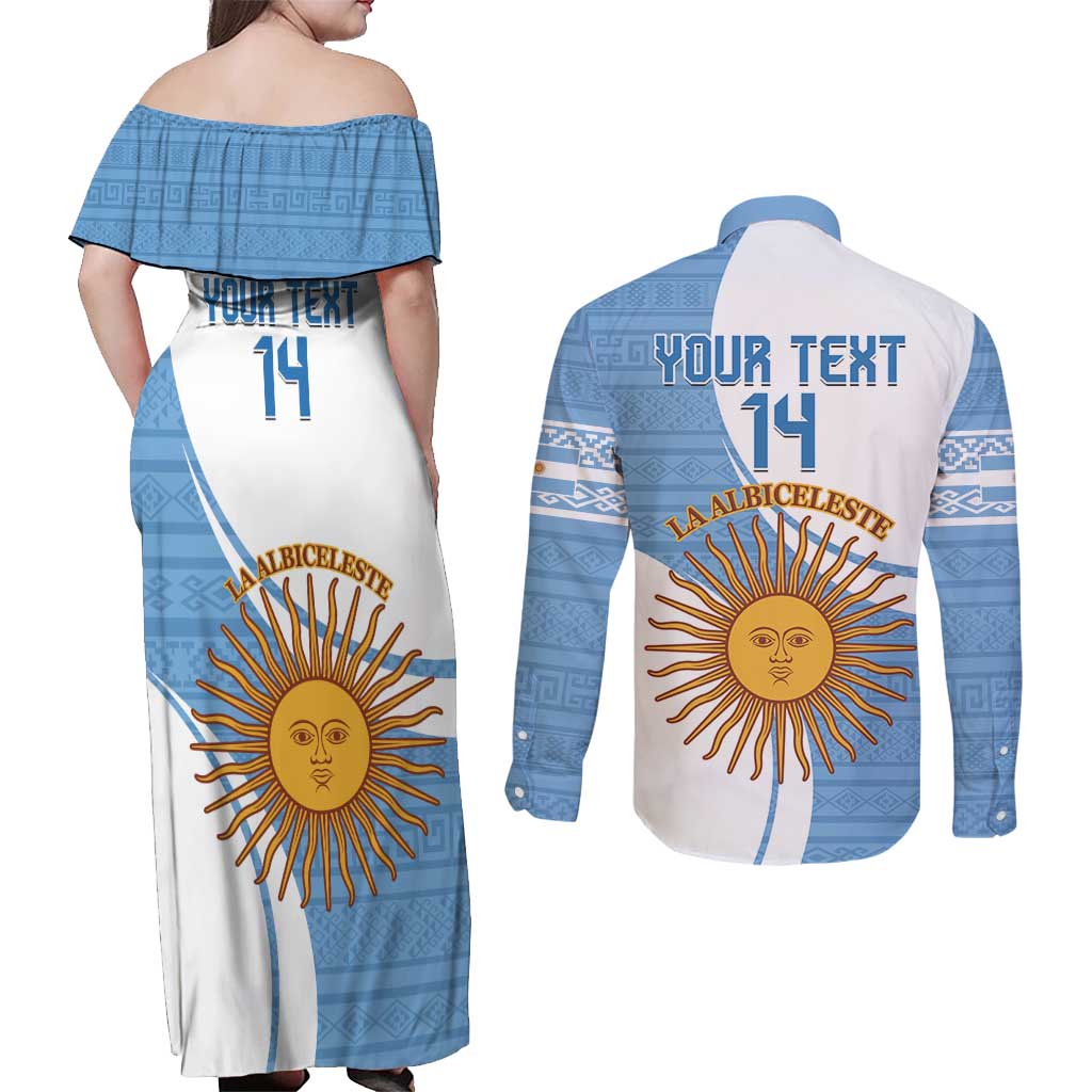 Custom Argentina Football Couples Matching Off Shoulder Maxi Dress and Long Sleeve Button Shirt Vamos La Albiceleste - Sky Blue Version - Wonder Print Shop