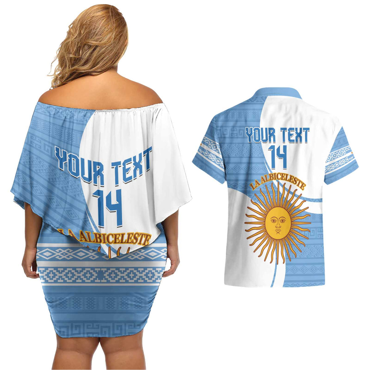 Custom Argentina Football Couples Matching Off Shoulder Short Dress and Hawaiian Shirt Vamos La Albiceleste - Sky Blue Version - Wonder Print Shop