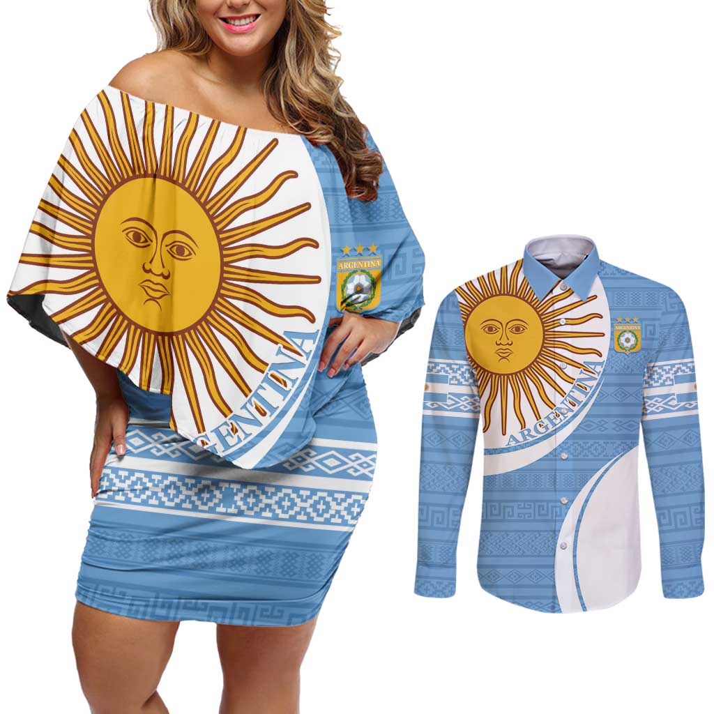 Custom Argentina Football Couples Matching Off Shoulder Short Dress and Long Sleeve Button Shirt Vamos La Albiceleste - Sky Blue Version - Wonder Print Shop