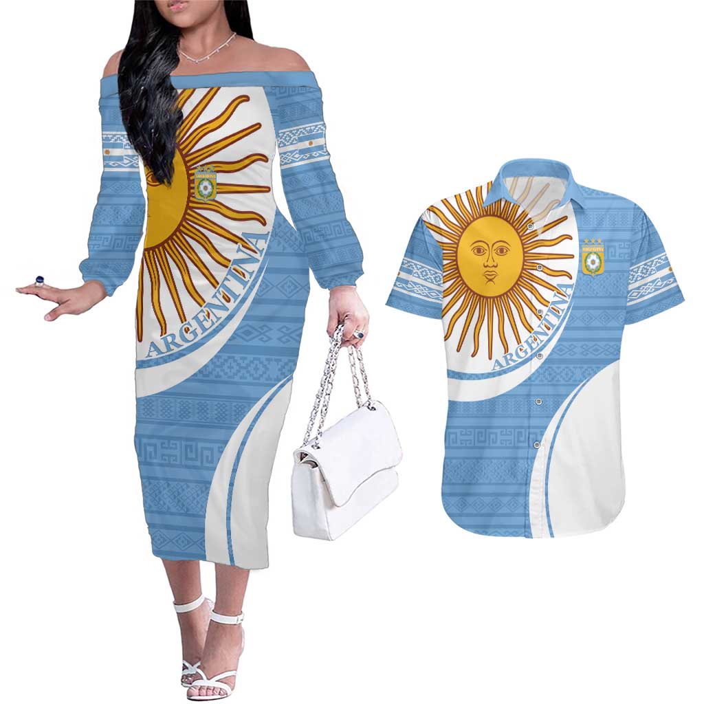 Custom Argentina Football Couples Matching Off The Shoulder Long Sleeve Dress and Hawaiian Shirt Vamos La Albiceleste - Sky Blue Version - Wonder Print Shop