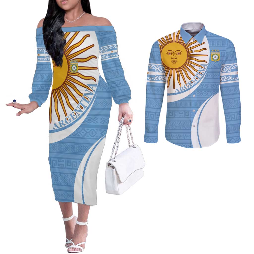 Custom Argentina Football Couples Matching Off The Shoulder Long Sleeve Dress and Long Sleeve Button Shirt Vamos La Albiceleste - Sky Blue Version