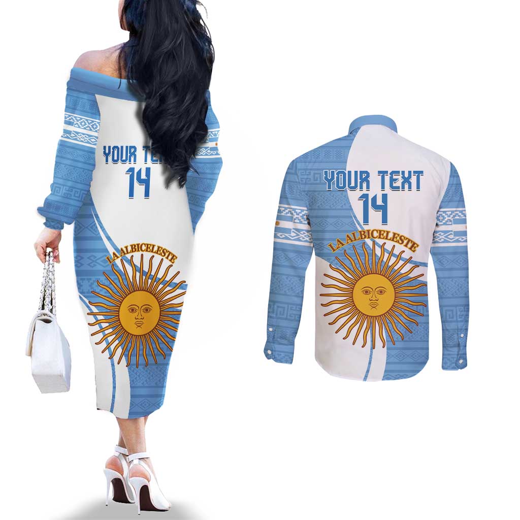Custom Argentina Football Couples Matching Off The Shoulder Long Sleeve Dress and Long Sleeve Button Shirt Vamos La Albiceleste - Sky Blue Version