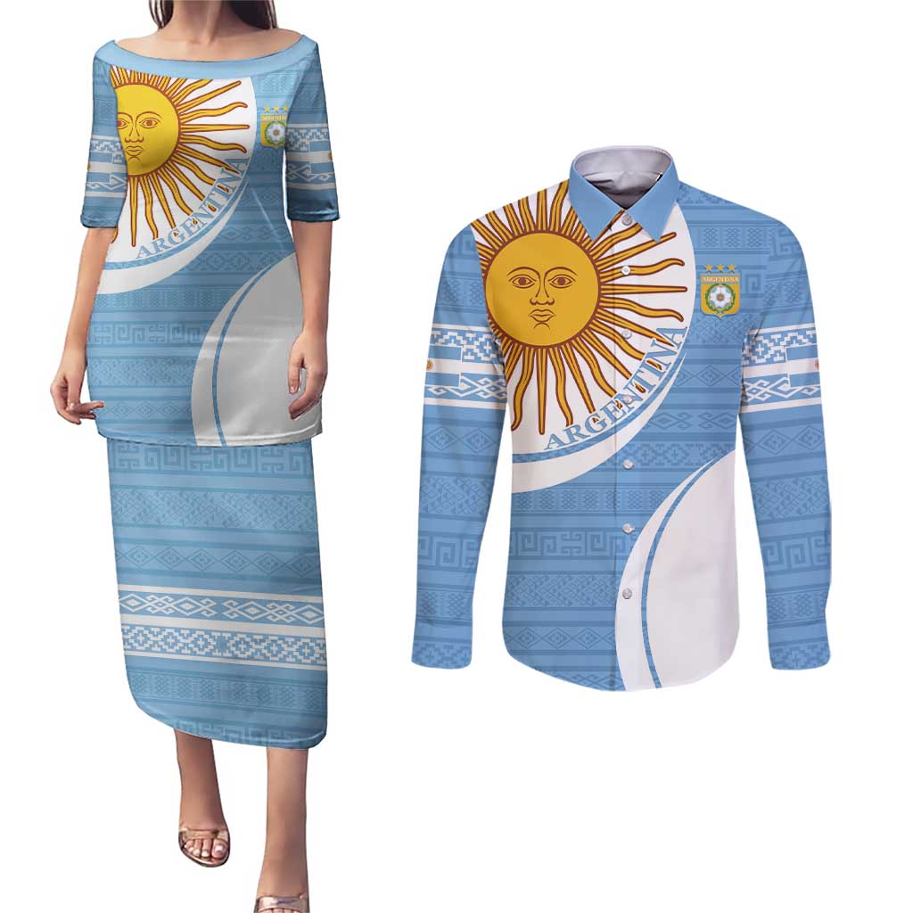 Custom Argentina Football Couples Matching Puletasi and Long Sleeve Button Shirt Vamos La Albiceleste - Sky Blue Version - Wonder Print Shop