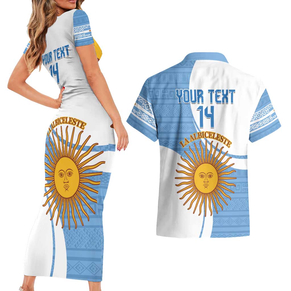 Custom Argentina Football Couples Matching Short Sleeve Bodycon Dress and Hawaiian Shirt Vamos La Albiceleste - Sky Blue Version - Wonder Print Shop