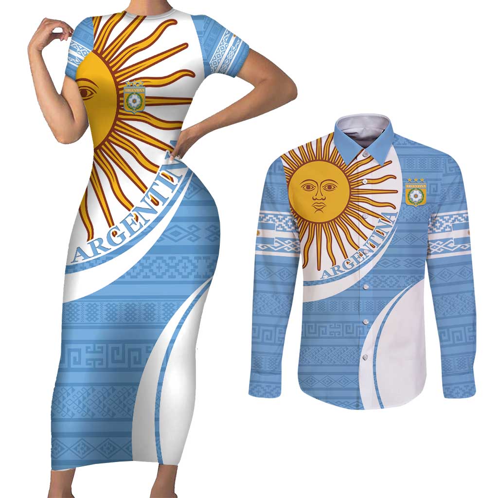 Custom Argentina Football Couples Matching Short Sleeve Bodycon Dress and Long Sleeve Button Shirt Vamos La Albiceleste - Sky Blue Version - Wonder Print Shop