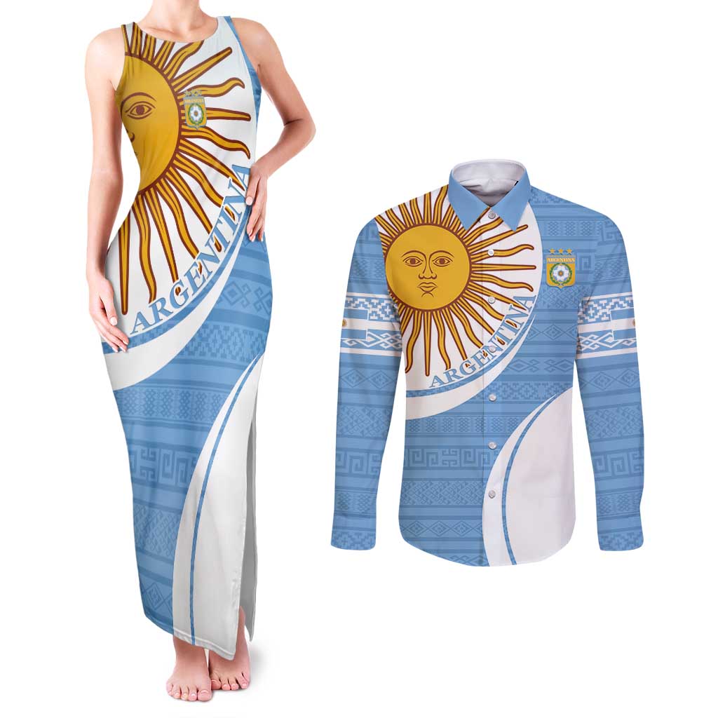 Custom Argentina Football Couples Matching Tank Maxi Dress and Long Sleeve Button Shirt Vamos La Albiceleste - Sky Blue Version - Wonder Print Shop
