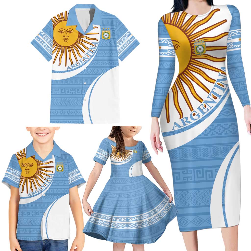 Custom Argentina Football Family Matching Long Sleeve Bodycon Dress and Hawaiian Shirt Vamos La Albiceleste - Sky Blue Version - Wonder Print Shop