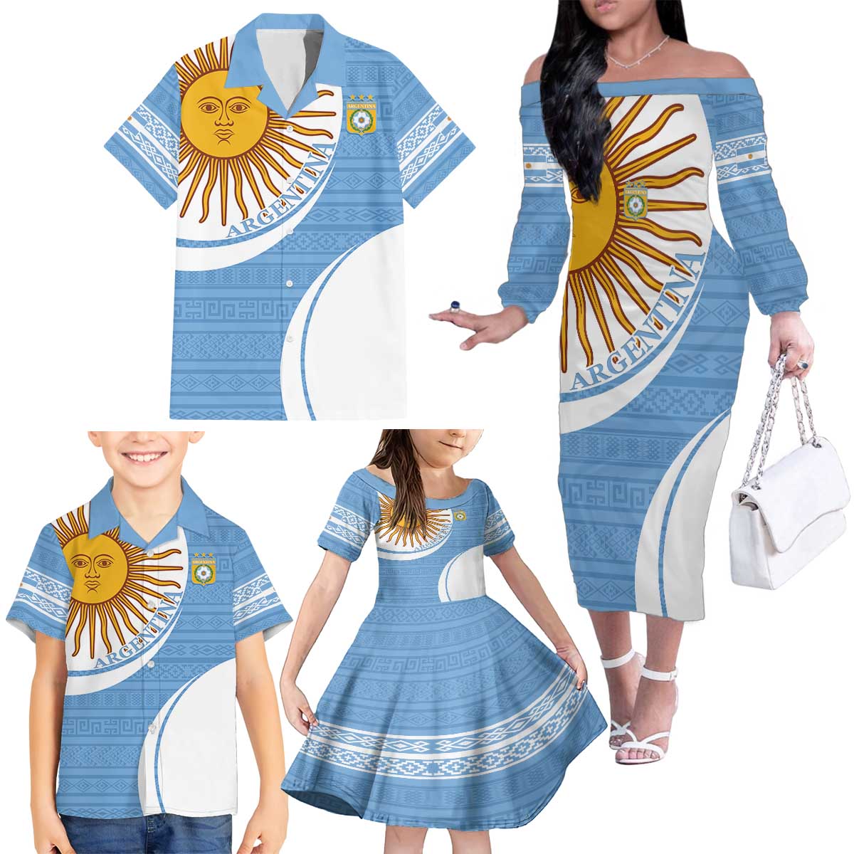 Custom Argentina Football Family Matching Off The Shoulder Long Sleeve Dress and Hawaiian Shirt Vamos La Albiceleste - Sky Blue Version - Wonder Print Shop