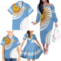 Custom Argentina Football Family Matching Off The Shoulder Long Sleeve Dress and Hawaiian Shirt Vamos La Albiceleste - Sky Blue Version - Wonder Print Shop