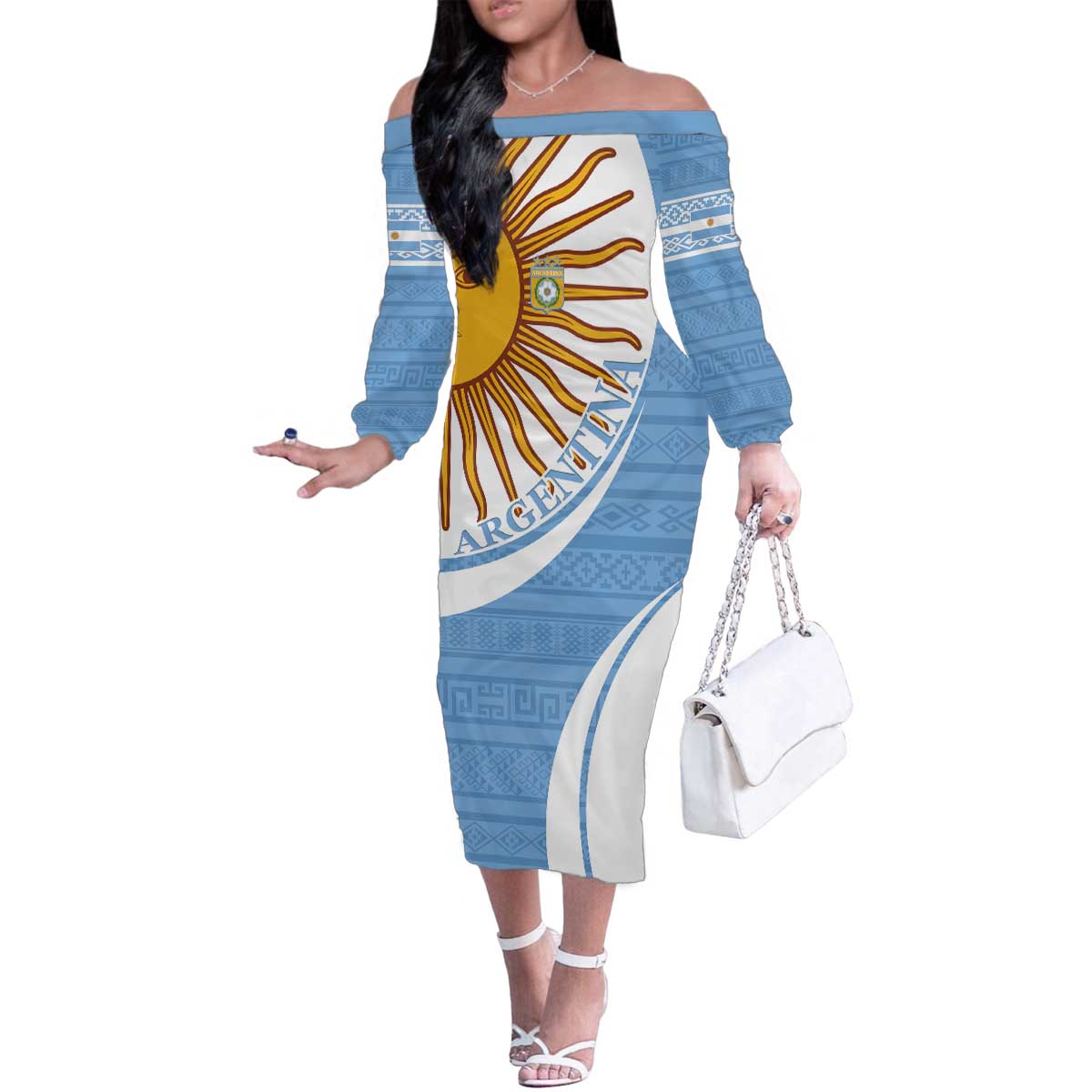 Custom Argentina Football Family Matching Off The Shoulder Long Sleeve Dress and Hawaiian Shirt Vamos La Albiceleste - Sky Blue Version - Wonder Print Shop