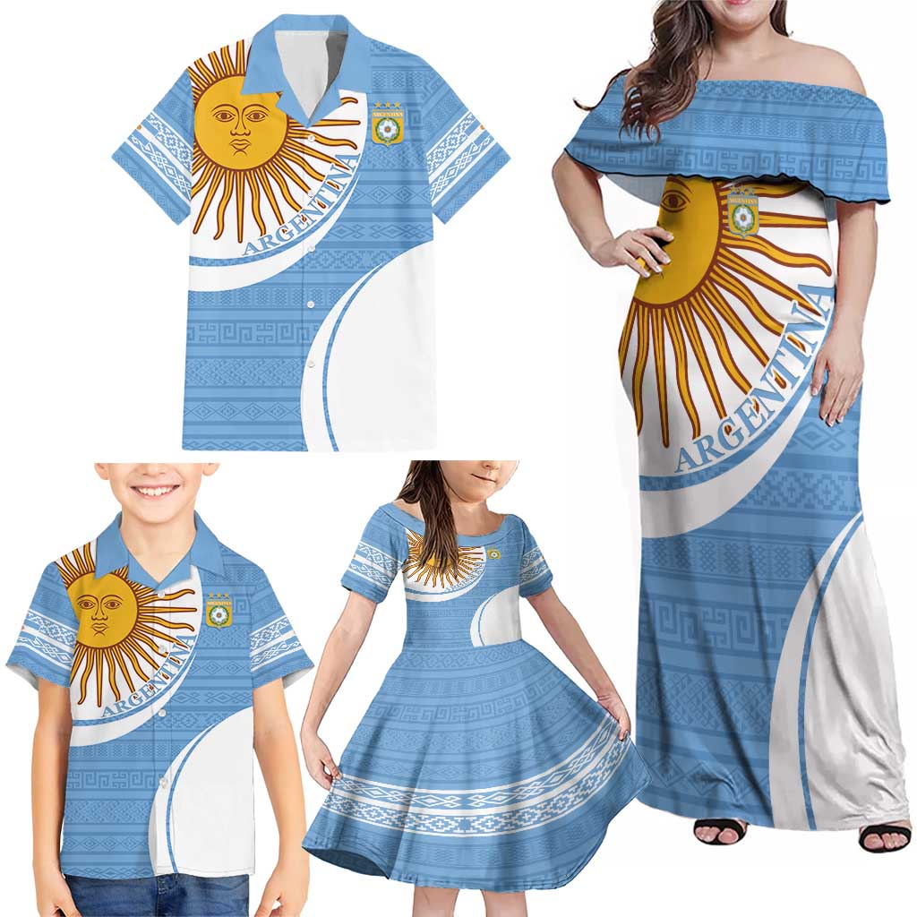Custom Argentina Football Family Matching Off Shoulder Maxi Dress and Hawaiian Shirt Vamos La Albiceleste - Sky Blue Version - Wonder Print Shop