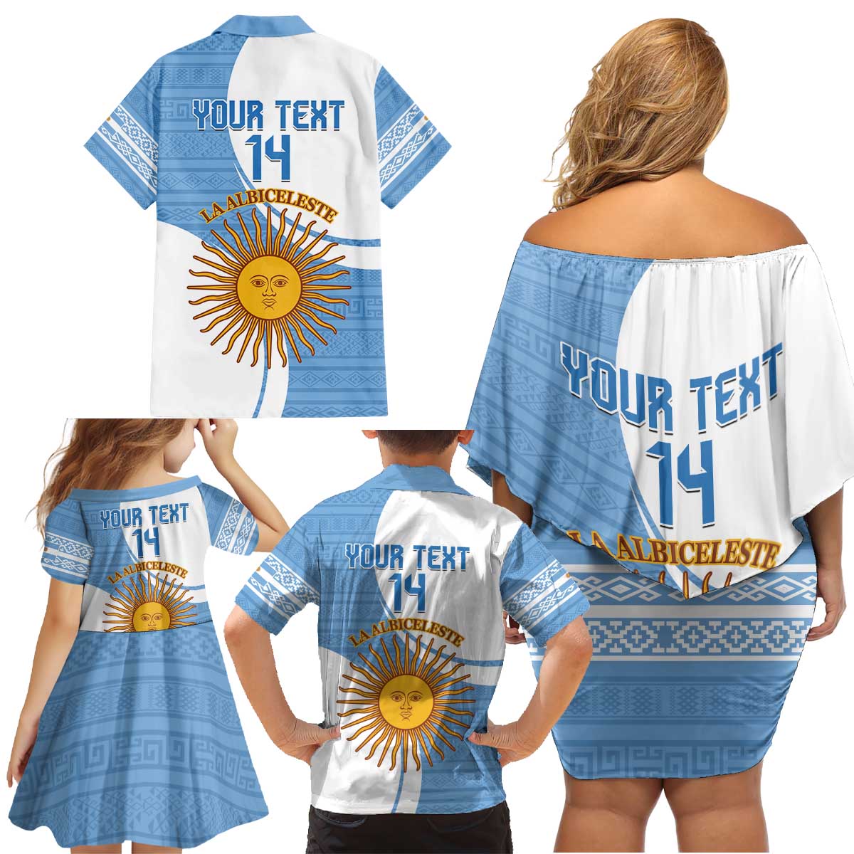 Custom Argentina Football Family Matching Off Shoulder Short Dress and Hawaiian Shirt Vamos La Albiceleste - Sky Blue Version - Wonder Print Shop