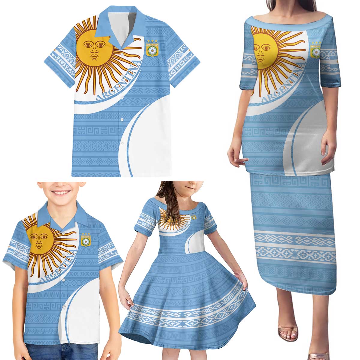 Custom Argentina Football Family Matching Puletasi and Hawaiian Shirt Vamos La Albiceleste - Sky Blue Version - Wonder Print Shop