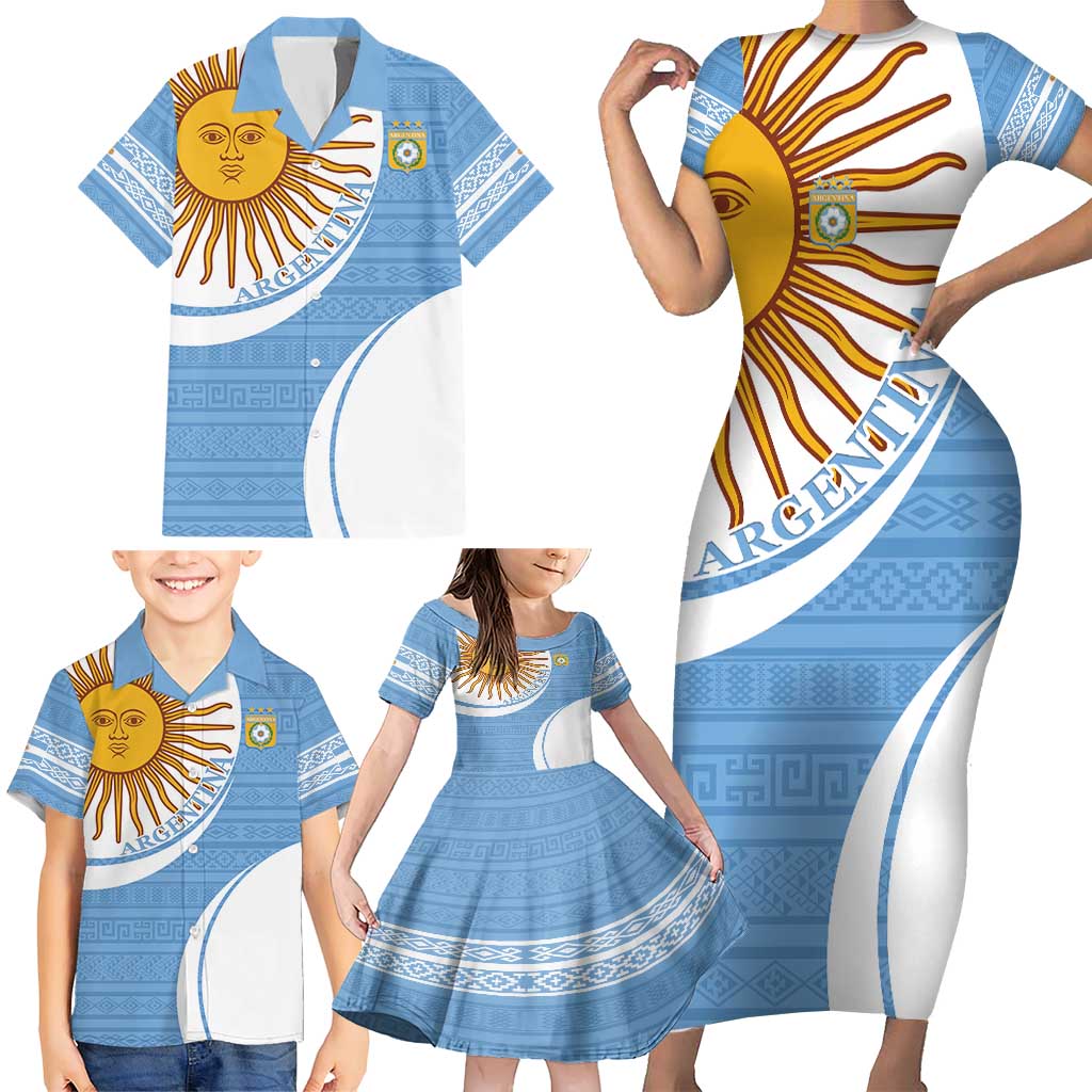 Custom Argentina Football Family Matching Short Sleeve Bodycon Dress and Hawaiian Shirt Vamos La Albiceleste - Sky Blue Version - Wonder Print Shop