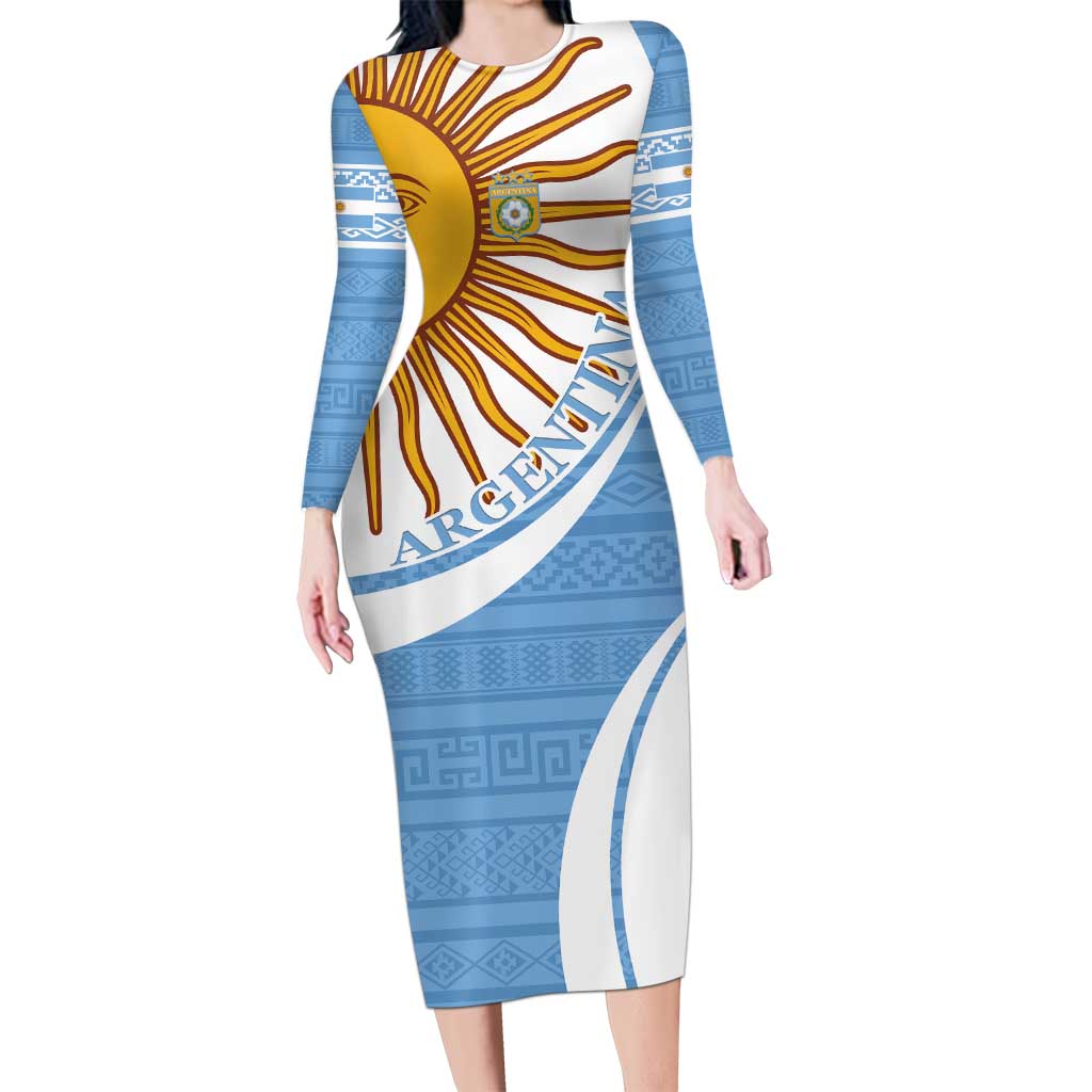 Custom Argentina Football Long Sleeve Bodycon Dress Vamos La Albiceleste - Sky Blue Version - Wonder Print Shop