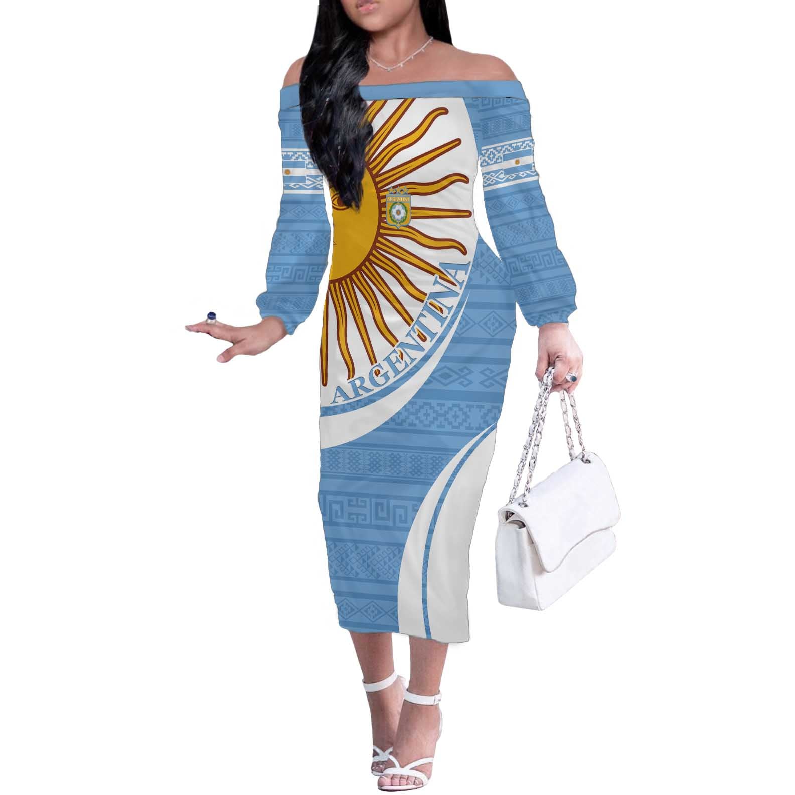 Custom Argentina Football Off The Shoulder Long Sleeve Dress Vamos La Albiceleste - Sky Blue Version - Wonder Print Shop