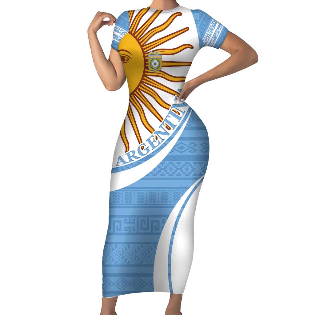 Custom Argentina Football Short Sleeve Bodycon Dress Vamos La Albiceleste - Sky Blue Version - Wonder Print Shop